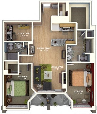 Floor plan for 2 beds, 2 baths, 1447 sqft